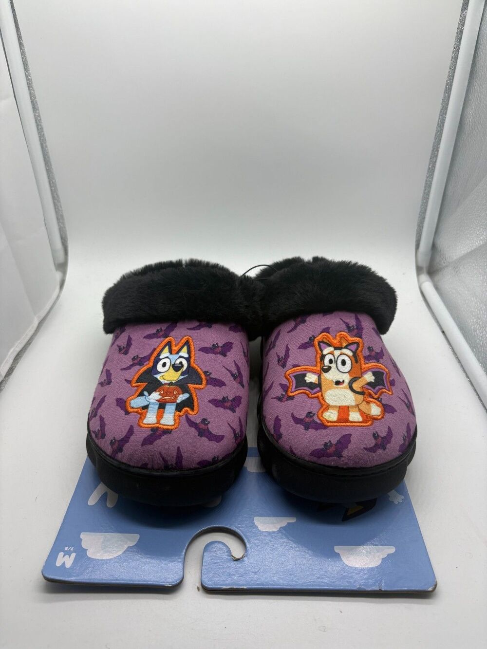 Bluey & Bingo Halloween Slippers Size 7/8 Vampire Bat Purple Faux Fur Kids Shoes